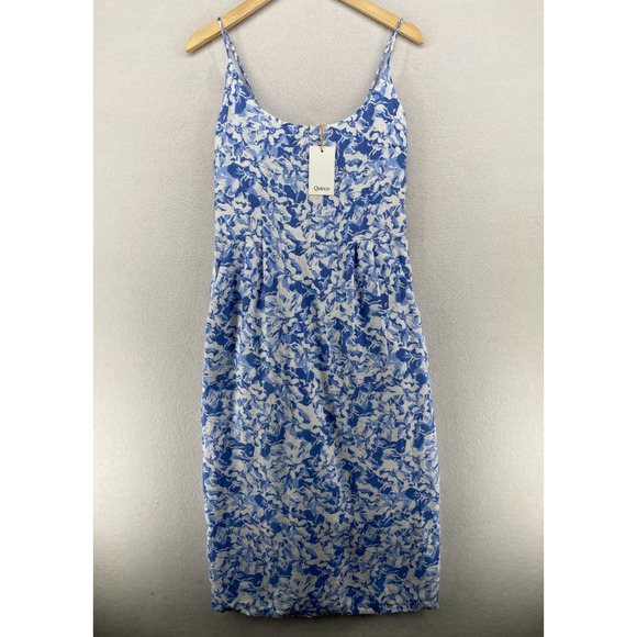Quince Dresses & Skirts - QUINCE Dress M Linen Scoop Neck Midi Sleeveless Floral Smocked Back Blue NEW